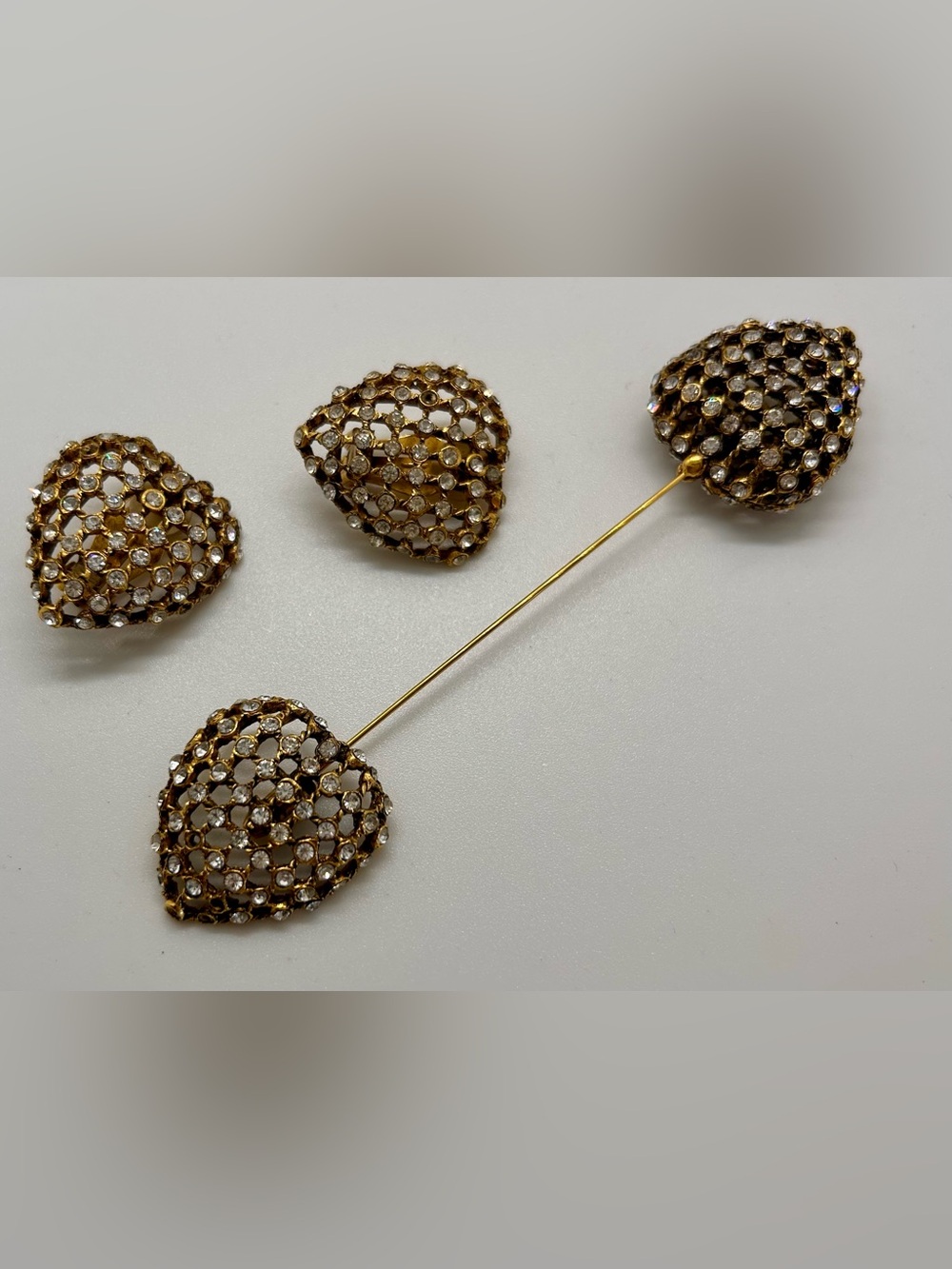 Gold-Tone Crystal Heart Brooch and Earrings Set - Elegant Heart Motif